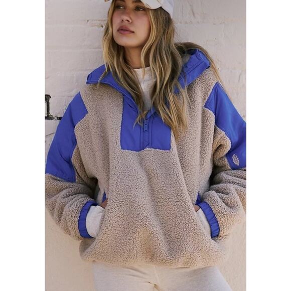 Free People Movement Beige Blue Lead The Pack Fleece 1/4 Zip Jacket Hooded XS - Picture 1 of 9